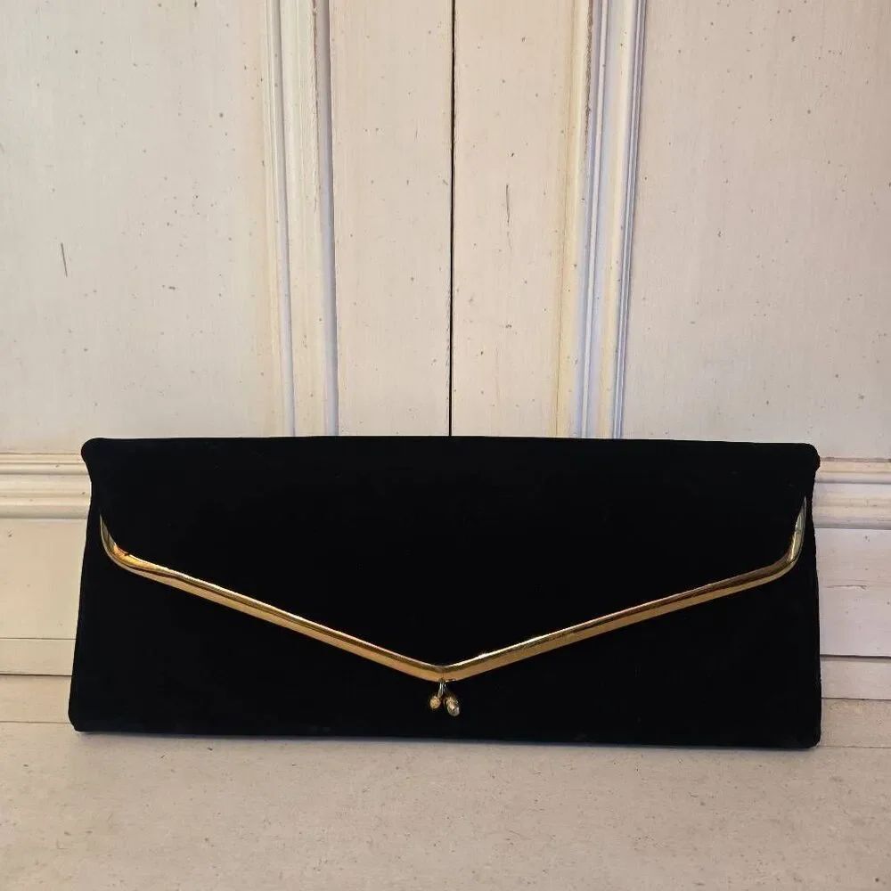 Garay Vintage Black Velvet Fold Over Clutch Handbag Kiss Closure Handbag Purse
